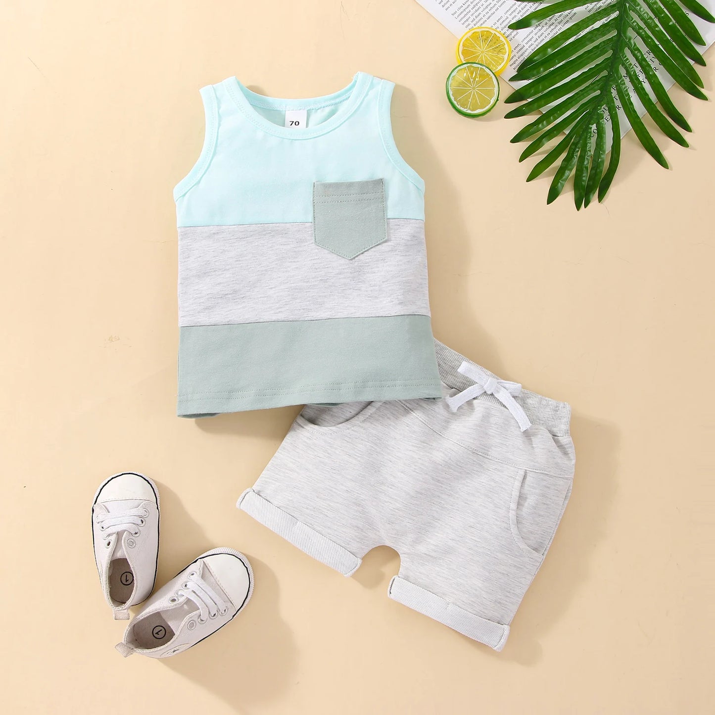 Infant Baby Boys 2PCS Pants Suit, Sleeveless Patchwork Crew Tank Tees + White Straps Short Pants, Toddler Boys Casual Outfit