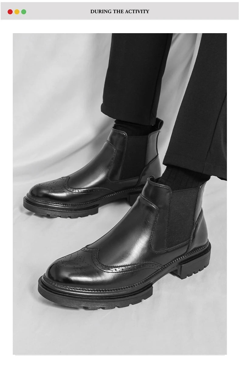 Men's riding boots British-style retro brogue carved high-top leather shoes men's casual leather shoes thick-soled leather boots