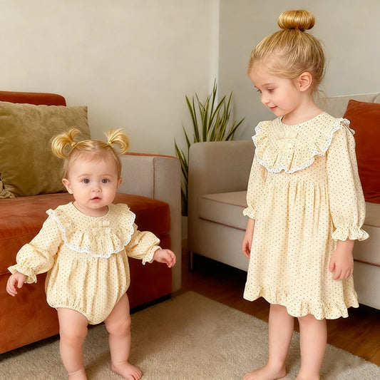Spring Sisters Clothes Girls Bow Clothing Baby Romper Dot Cotton Infant Ruffled Lace Bodysuit Princess Girls Sister Family Dress