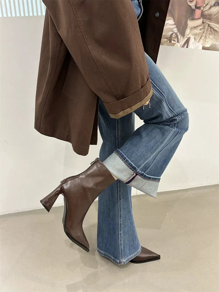 2025 Women Fashion Chelsea Ankle Boots Basic High Heels Boots Pointed Toe Shoes Women Band Non-slip Comfortable Boots 9989