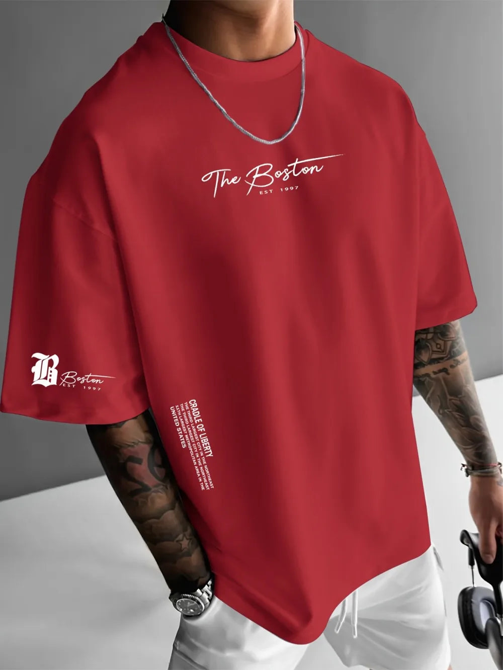 New men's polyester fabric casual comfortable breathable round neck T-shirt with letter pattern suitable for outdoor sports