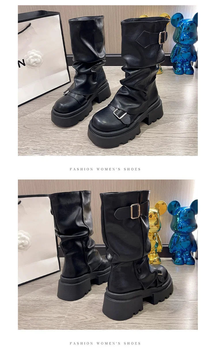 Women's Boots Brown Maillard Retro New Spring Autumn Height Increasing Comfortable Anti Slip Fashion Belt Buckle Boots 2025