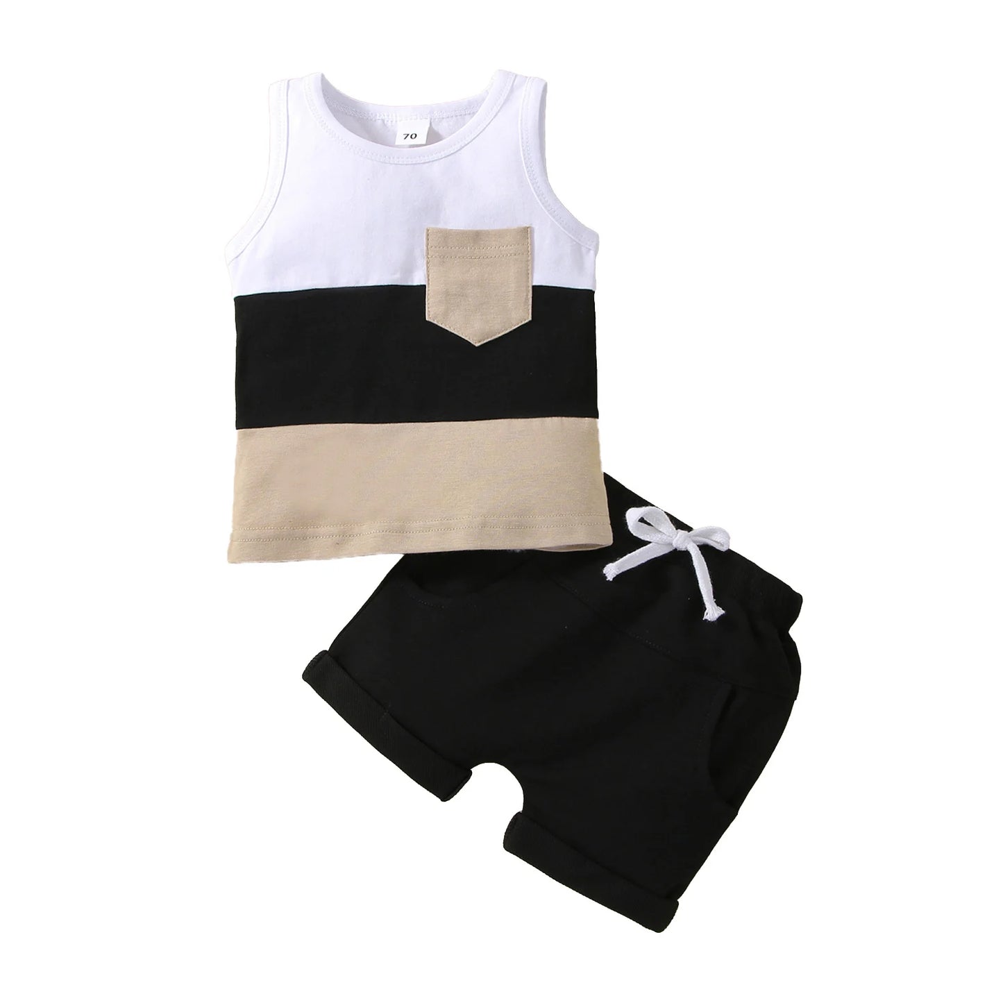 Infant Baby Boys 2PCS Pants Suit, Sleeveless Patchwork Crew Tank Tees + White Straps Short Pants, Toddler Boys Casual Outfit