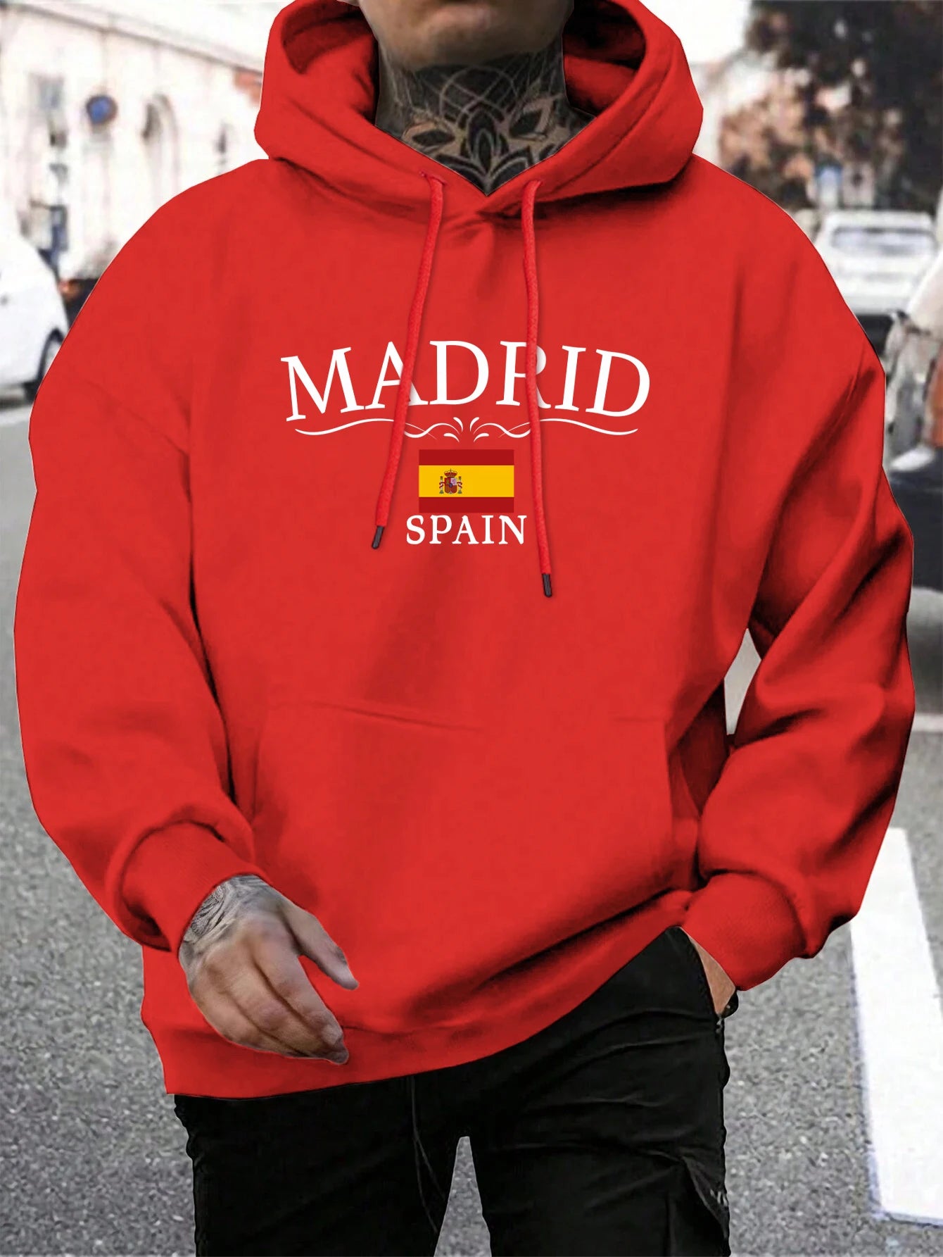Hoody Men Trendy Madrid Spain Flag Printed Pocket Hoodie All-Match Fleece Comfortable Clothes Autumn Fashions Streetwear