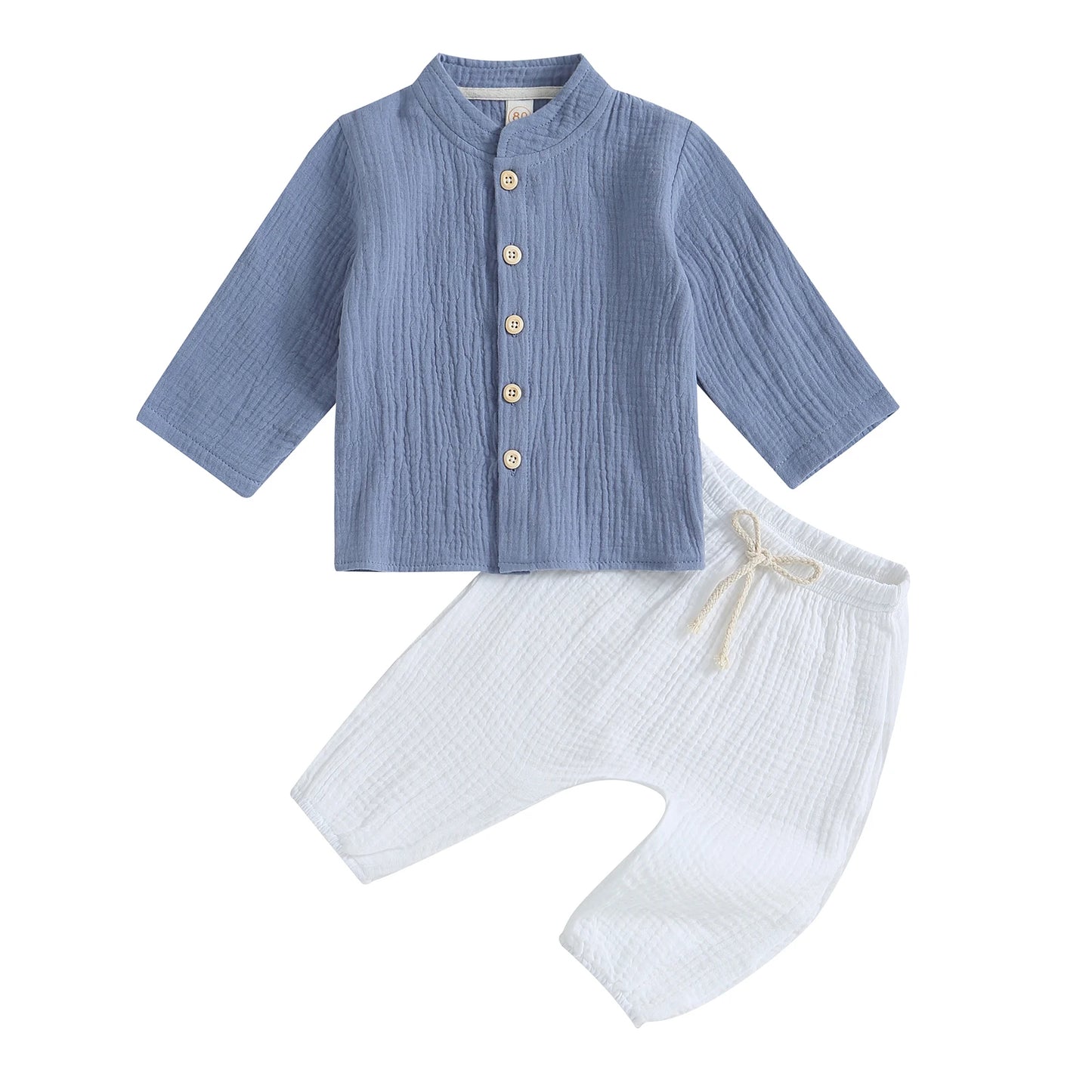 Tregren Kids Boy Cotton Linen Clothes Solid Color Buttons Long Sleeve Shirt Tops Elastic Waist Long Pants 2Pcs Set Fall Outfits