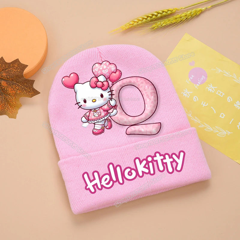 Hello Kitty Kids Knitting Hats Cute Letter A-Z Girl Winter Beanies Cartoon Print Weaved Bonnet Winter Warm Children Beanies Caps
