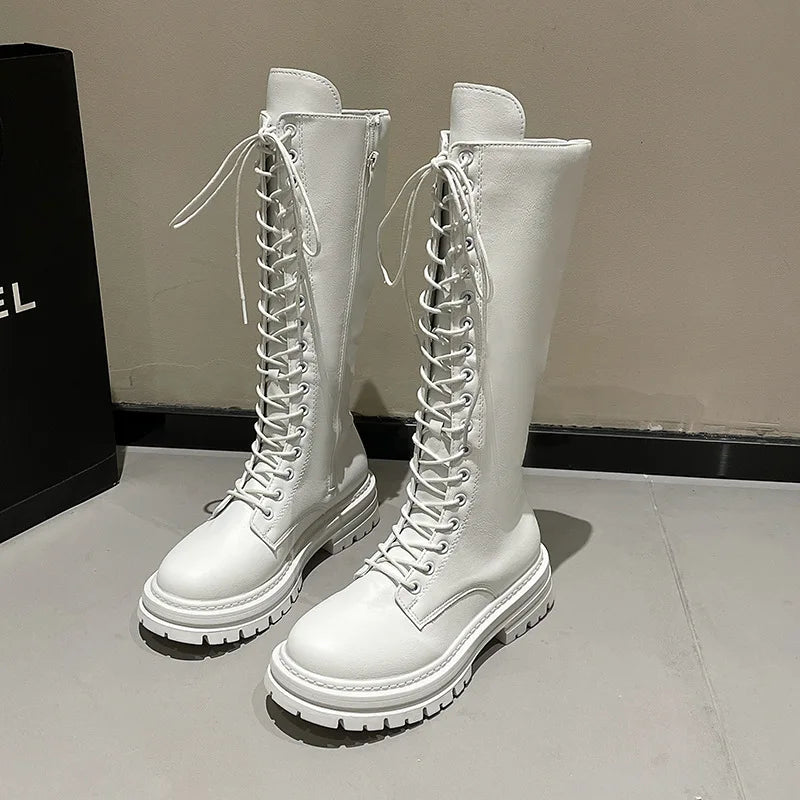 Long boots for women  spring 2025 new white thick soled long boots with thick legs and high waisted straps