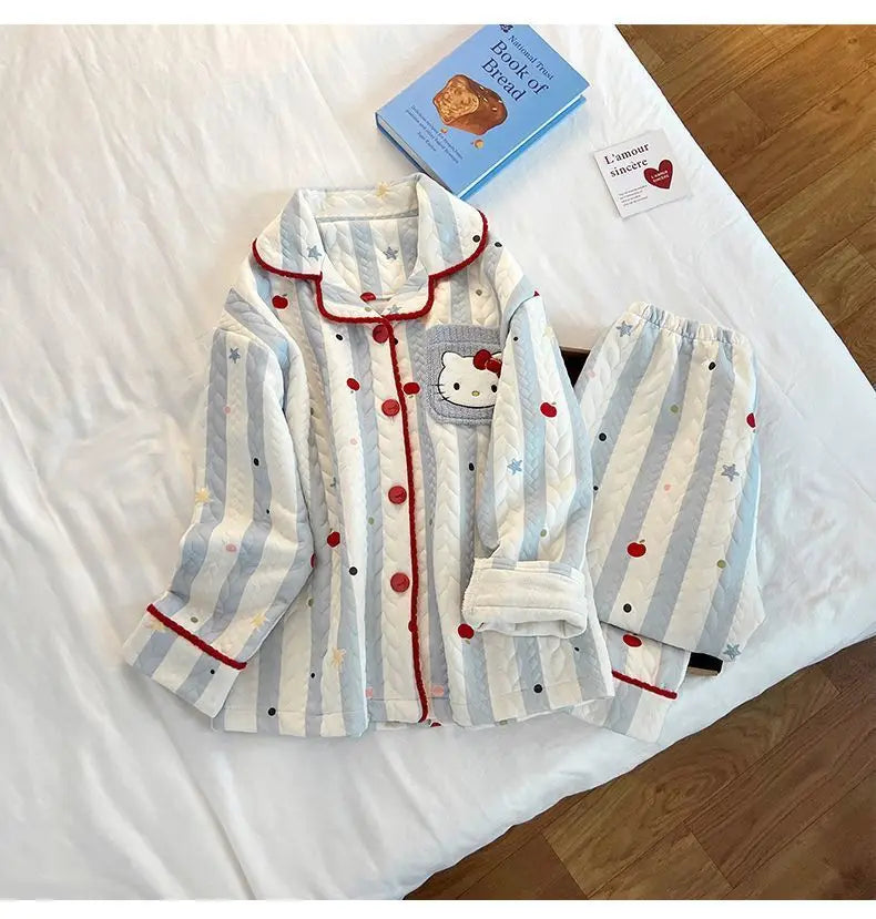 Hot Sanrio Girl Loungewear Set Hello Kitty Anime Kawaii Casual Loose Comfort Air-Layer Fabric 2-Piece Set Children Clothing New