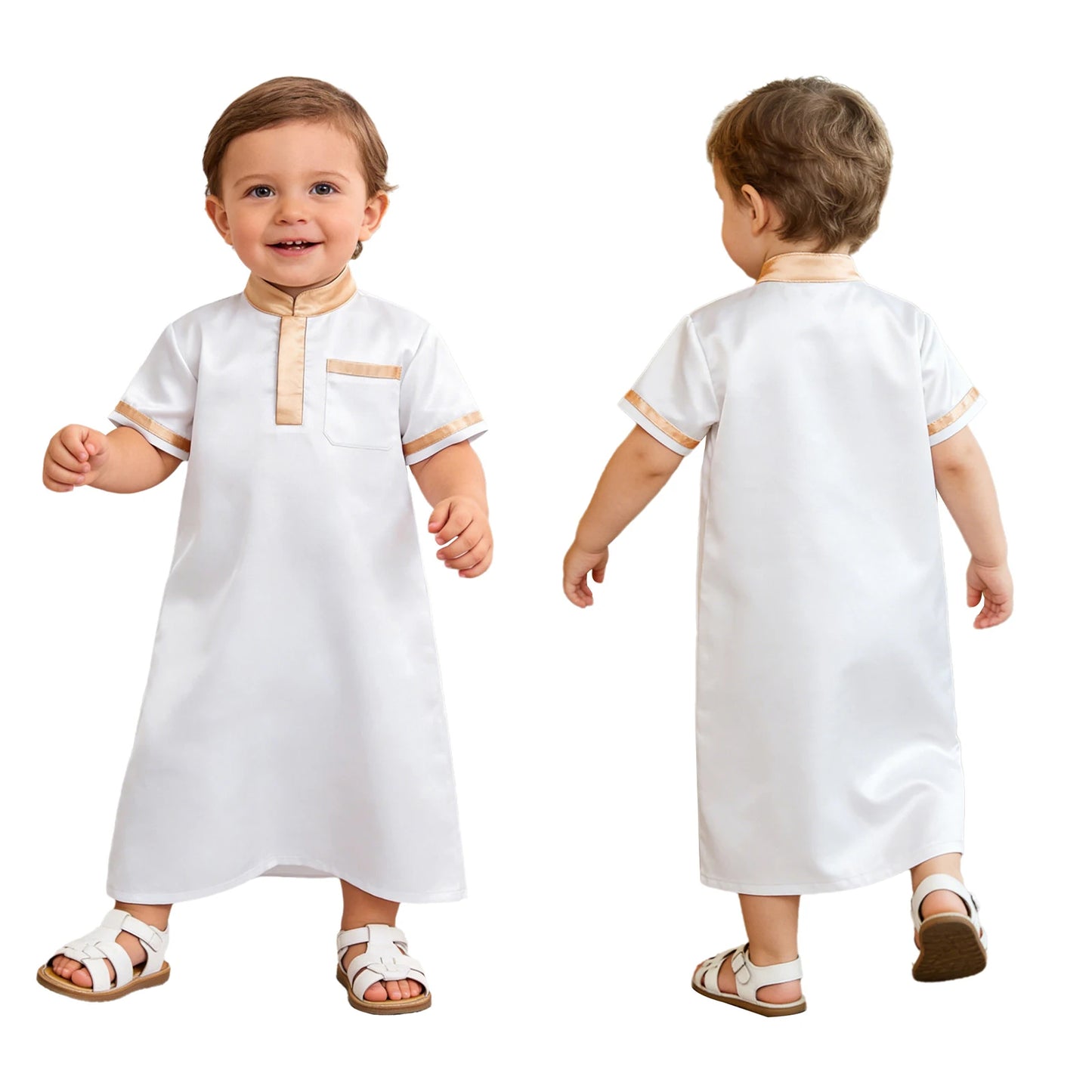 Muslim Baby Boys Robe Ramadan Eid Abaya Stand Collar Short Sleeve Satin Dress Gown with Pocket Arabic Islamic Dubai Kaftan Thobe