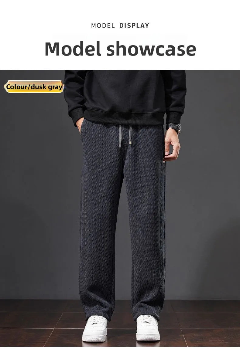 Autumn and Winter Plush Knitted Plaid Comfortable Wide Leg Straight Casual Pants Men Slacks Men's Pants Plush Slacks