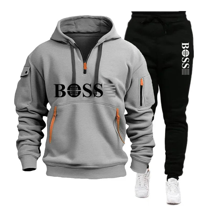 Men's Autumn and Winter New Pullovers Hoodie and Pants 2-piece Set, Outdoor Jogging Windproof Zipper Warm Men's Sportswear