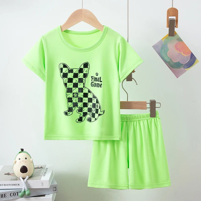 2-piece Summer Children's Shorts Short Sleeve Suit Girl Sweet And Lovely Pink Rabbit Coat Boy Handsome Bear Joker Home Clothes