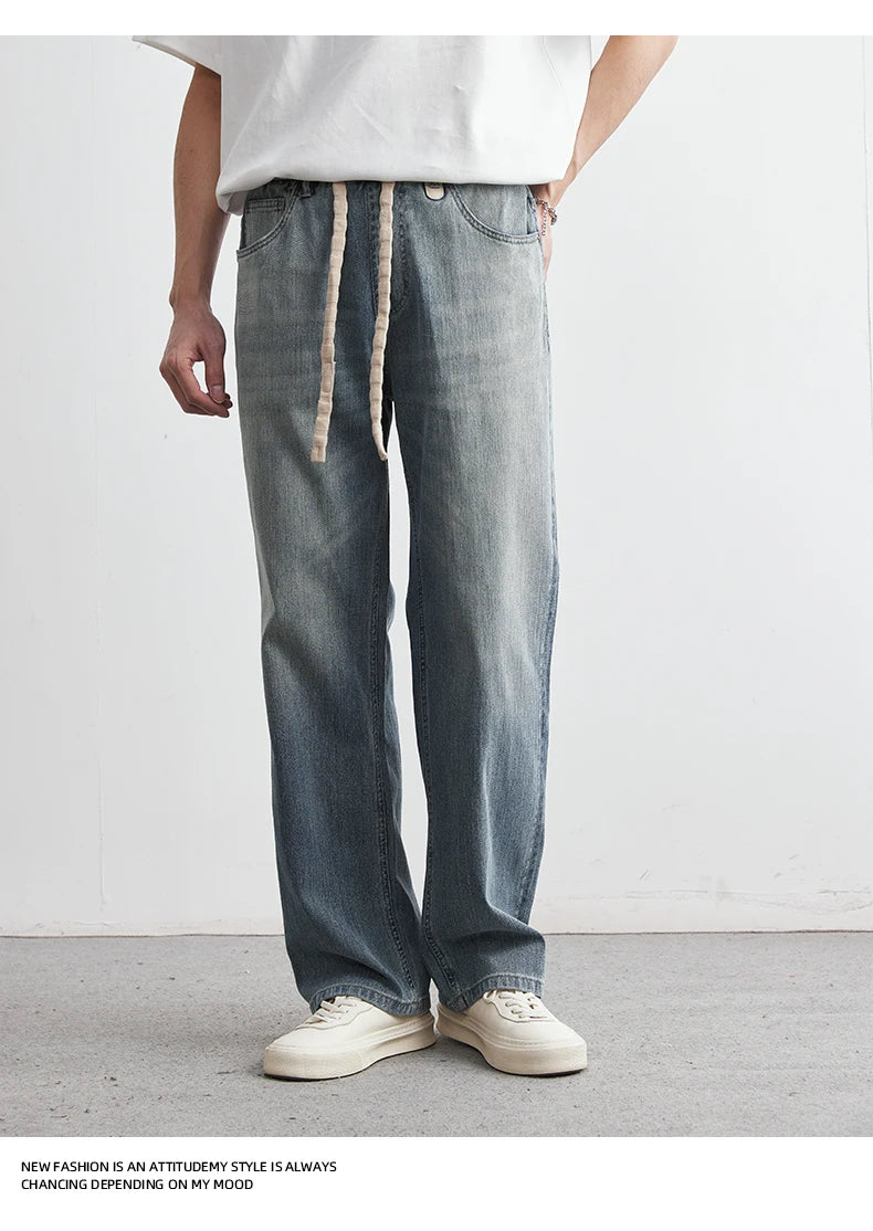 Men's Japanese Retro Jeans 2025 Summer New Fashion Personality Straight Elastic Waist Straight Jeans Loose Casual Jeans Pants