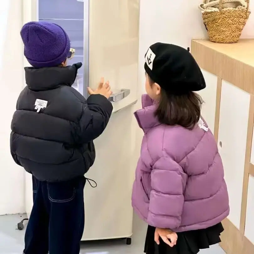 Children Boys Short Thick Parkas Standing Collar Silk Floss Bread Jacket for Boy Girl Letter Warm Solid Toddler Boys Winter Coat