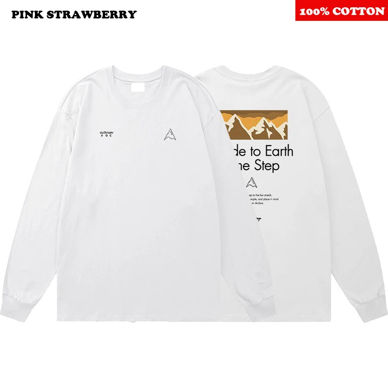 American style White Print T-shirt Men Autumn 2025 New 100% Cotton Oversize Loose Casual Long sleeves TeeTop Y2k Male clothing