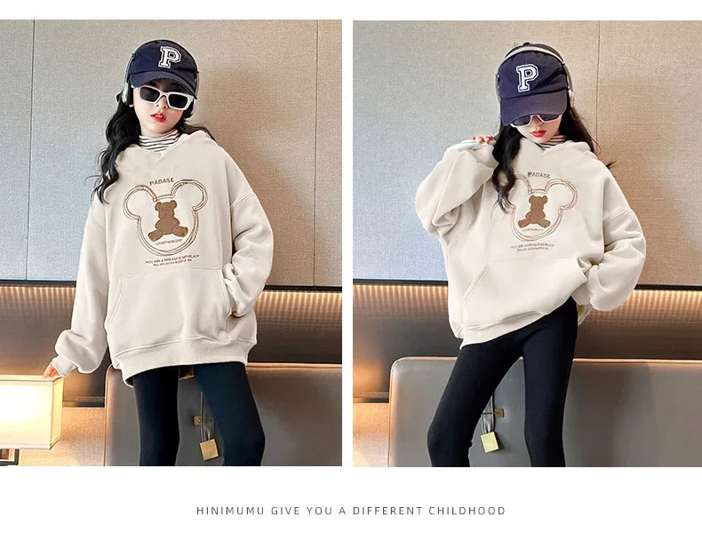 2026 girls clothes spring winter sweatshirt bear t-shirt hooded + stretch pants leggings teens children set 8 9 10 11 12 year