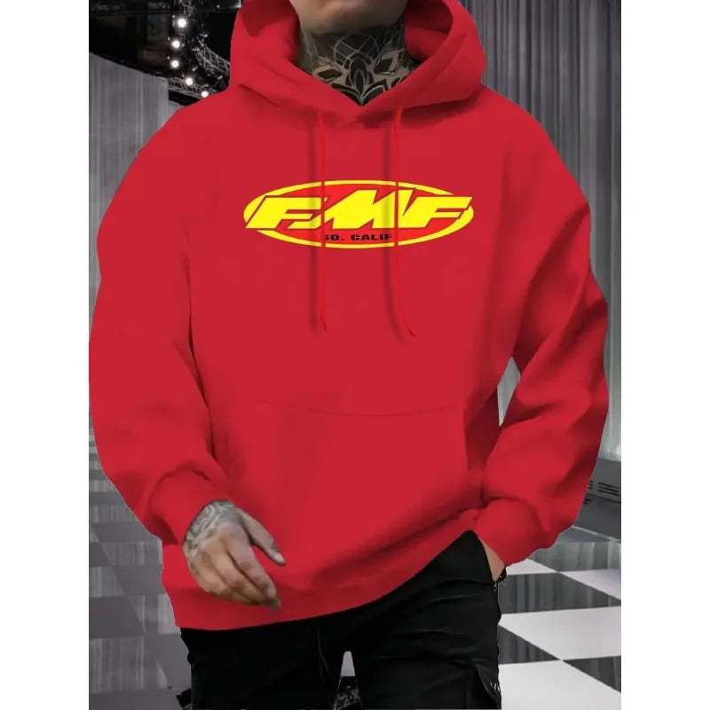 [Bold Graphic Hoodie] Warm Fleece-Lined Hoodie | Men's Casual Pullover with Bold "FMF" Print - Black with Yellow & Red Design