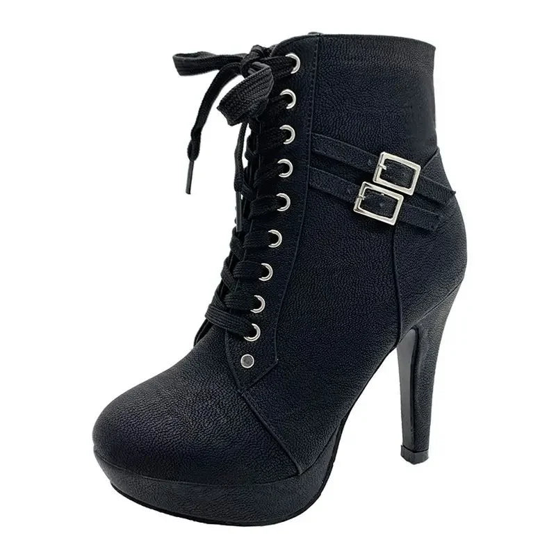 Women High Heels Platform Ankle Boots 2025 Autumn Winter Fashion Thick Heel Cross Strap Boots Female Belt Buckle Short Booties