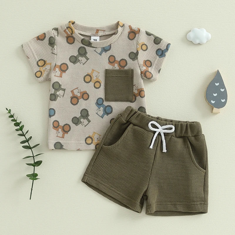 Baby Toddler Boy Summer Outfit Waffle Tractor Print Short Sleeve T-shirts Solid Elastic Waist Shorts 2 Piece Summer Set
