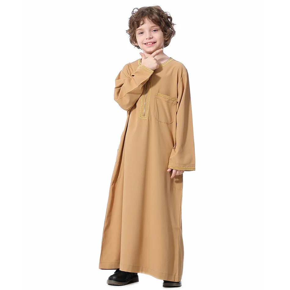 2025 New Children Thawb Teens Summer Muslim Robe Kids Arab Folk Clothes Boys Solid Color Thobe 5-14 Years National Outfit