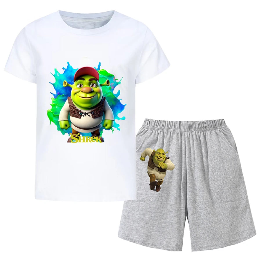 Shrek Child Tracksuit Blouse Short Sleeve Family Matching Clothes Sets for Baby Set for Children From 6 To 12 Years Old Summer