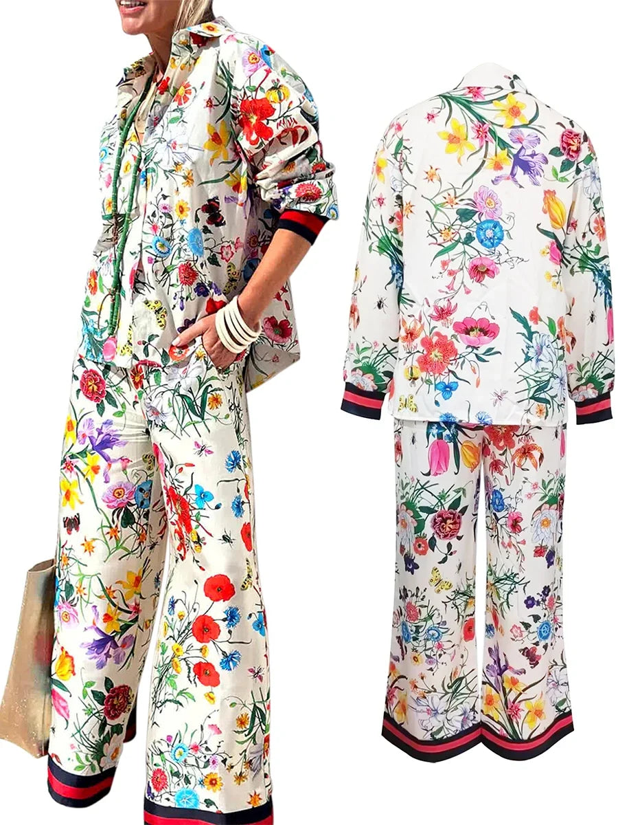Women's Fall Casual Outfits Floral Print Long Sleeve Button Down Lapel Shirt with Elastic Waist Wide Leg Pants Sets Streetwear