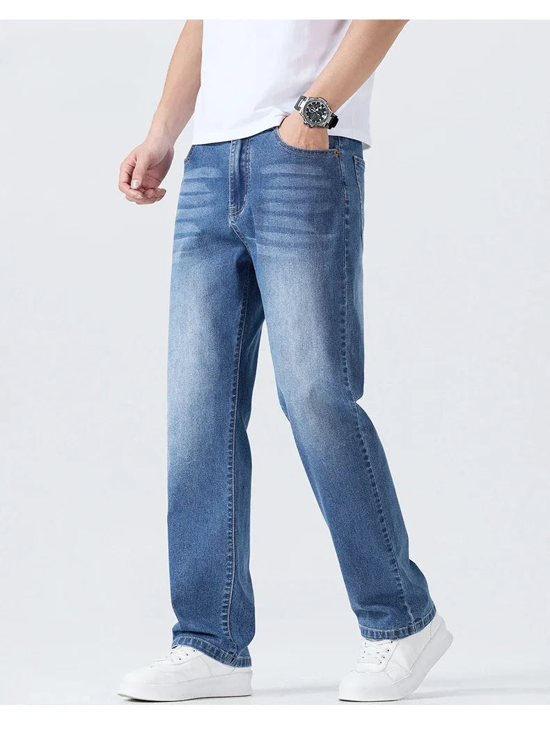 Summer Thin Straight Jeans Men's Clothing Soft Breathable Trousers Male Brand Comfortable Business Loose Denim Pants