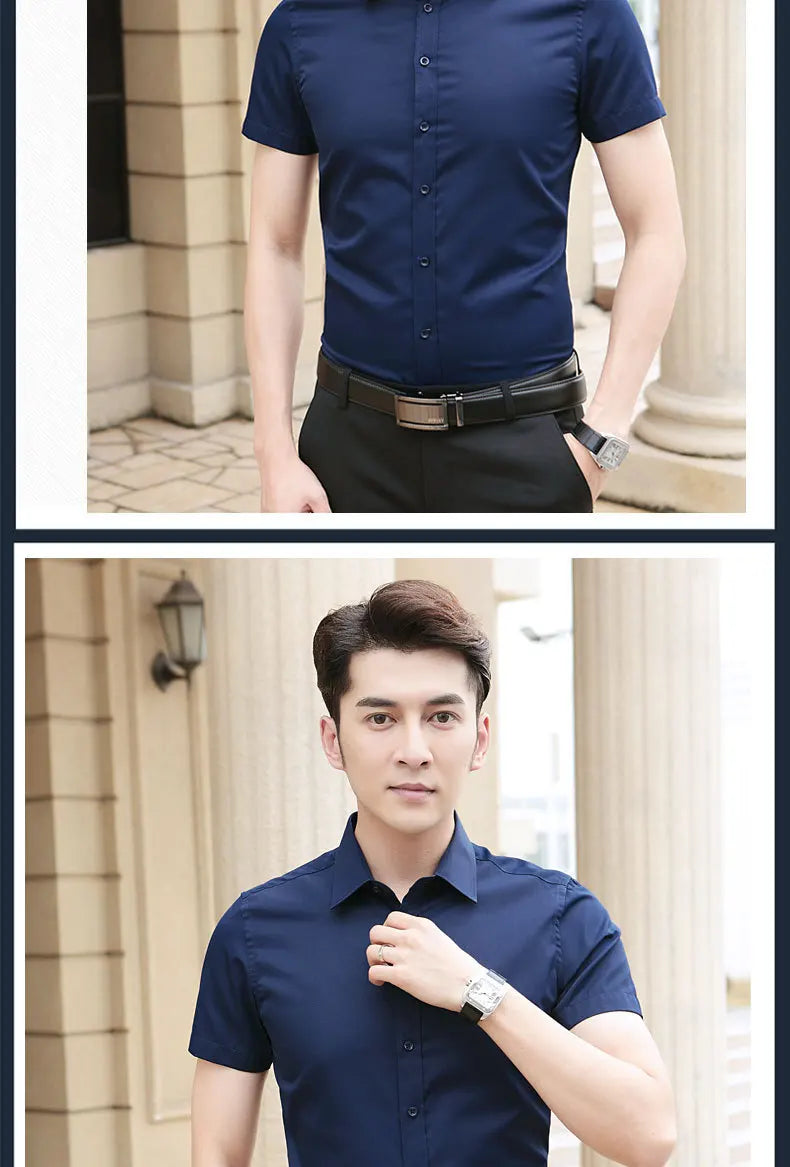 Professional Mens Short Sleeve Shirt White Business Casual Slim Fit Japanese Retro Style Polyester Fiber Printed Shirt for Youth