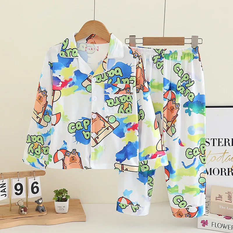 Cartoon New Spring Autumn Children's Pajamas Set Girls Boys Teenagers Stitch Long-sleeved and Pants Outside Home Clothes Set