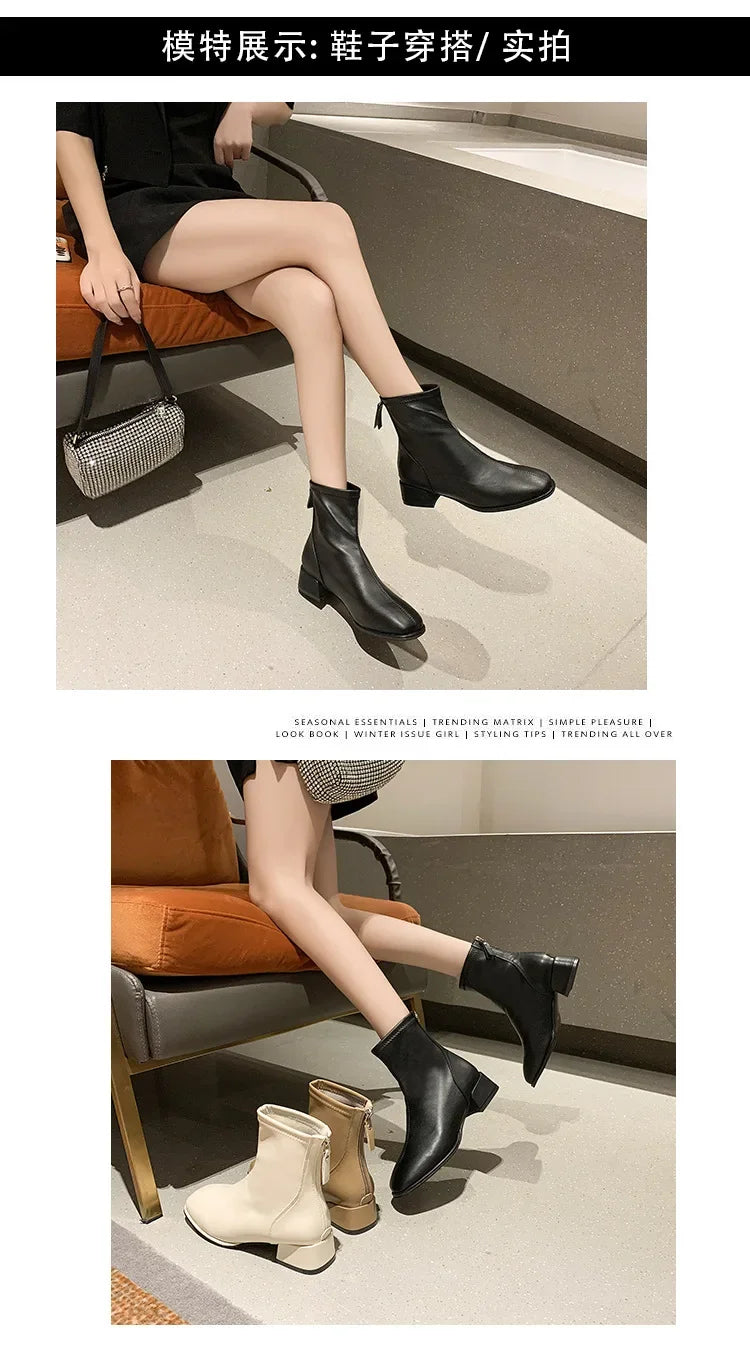 2025 New Elastic Socks Boots Women's Ankle Boots High Heels Thick Heels Square Toe Short Boots Retro Women's Shoes Botas Mujer