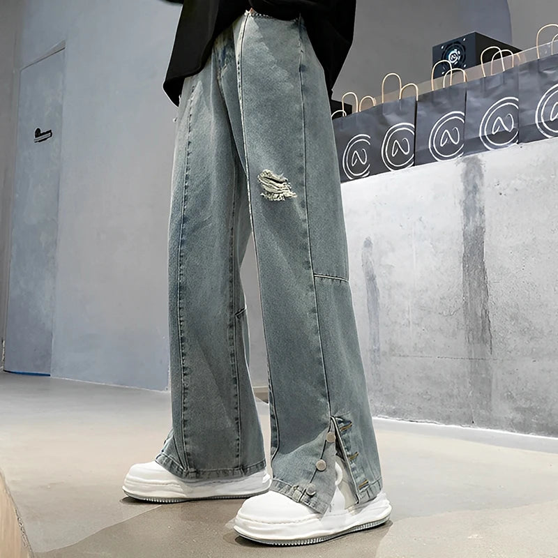 Men's Letter Embroidered Hip Hop Loose Jeans Casual New Broken Holes Streetwear Straight Denim Trousers Male Y2K Baggy Jeans