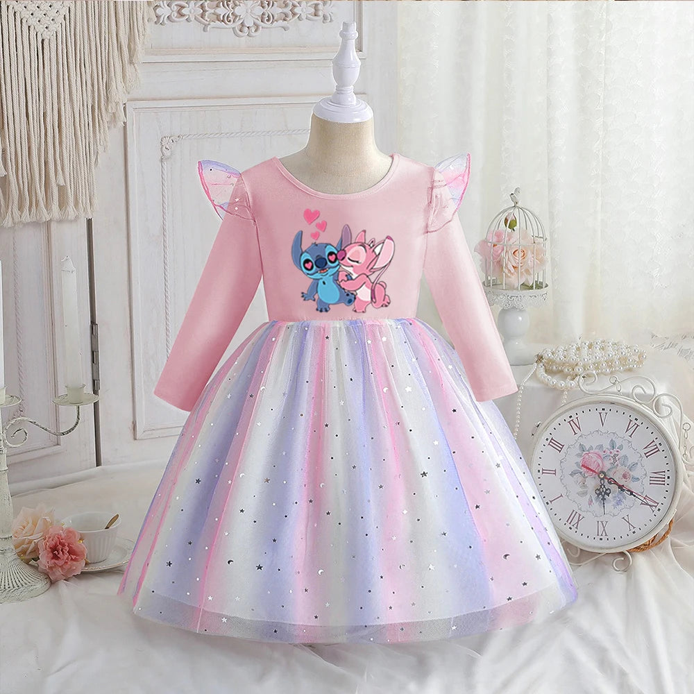 Stitch Princess Dress Autumn New Disney Baby Girls Dress Spring Autumn Long-sleeved For Children Kids Clothes Birthday Party