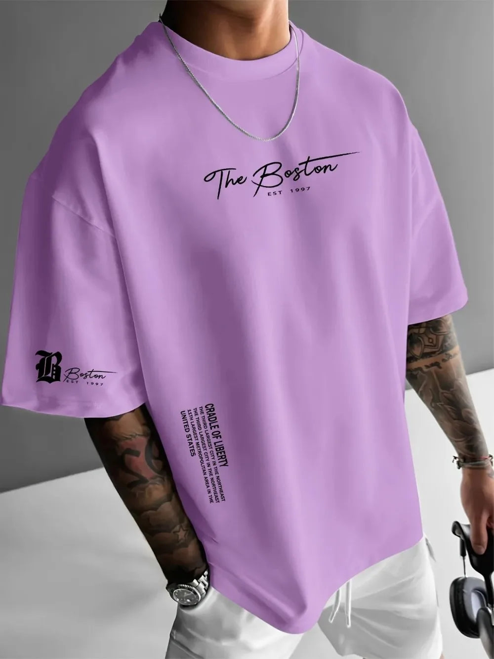 New men's polyester fabric casual comfortable breathable round neck T-shirt with letter pattern suitable for outdoor sports