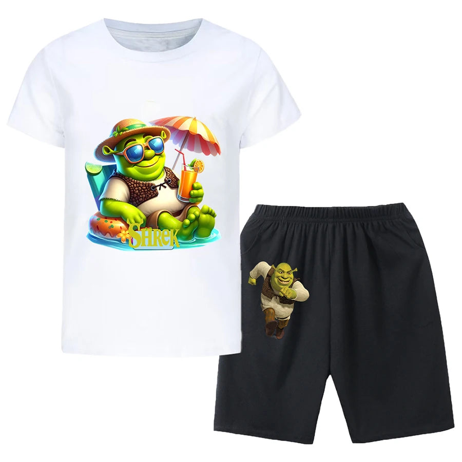 Shrek Child Tracksuit Blouse Short Sleeve Family Matching Clothes Sets for Baby Set for Children From 6 To 12 Years Old Summer
