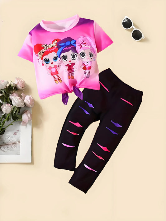 Cute Girl Suit, Cartoon Girl Print With Patterned Pants, Suitable For Girls To Wear Summer