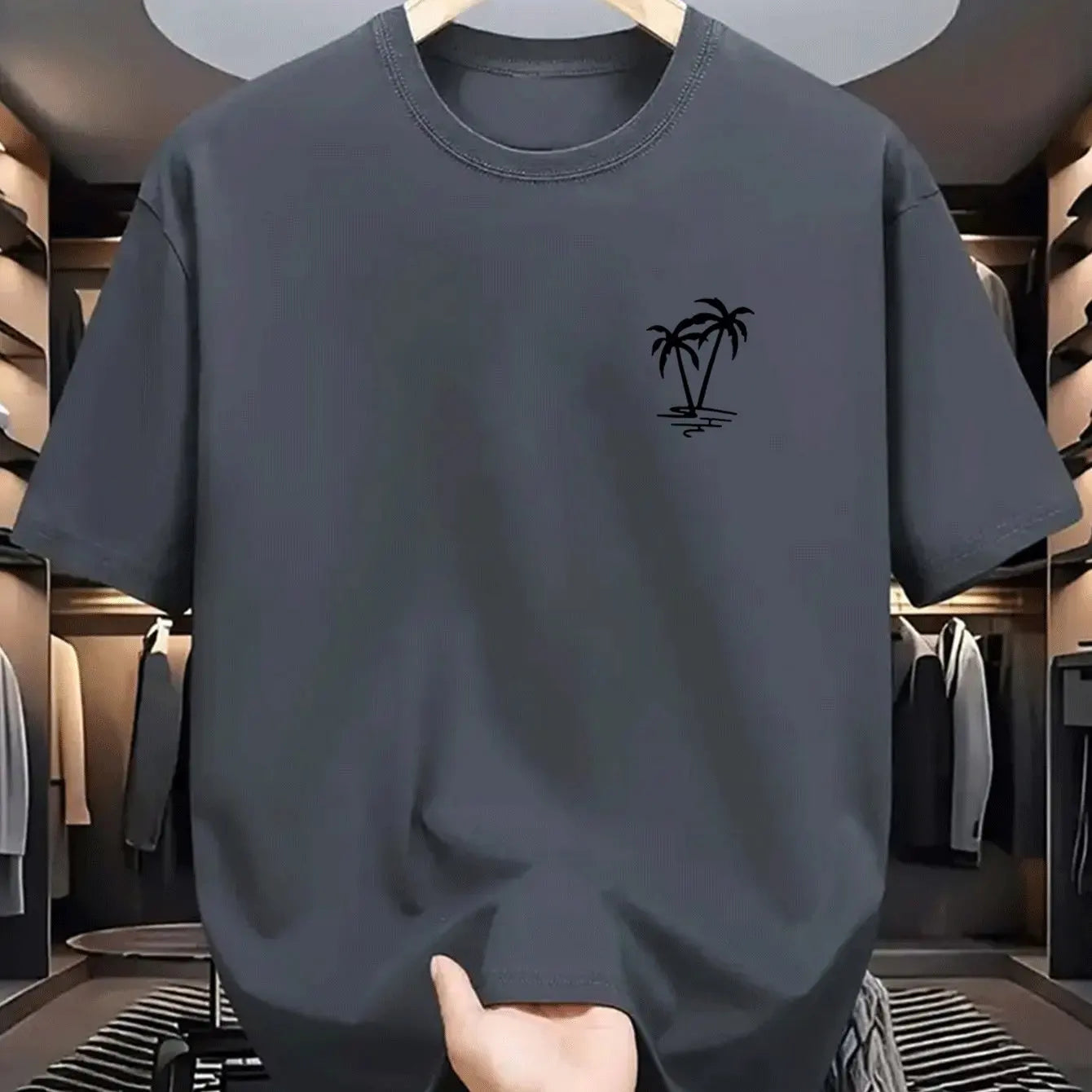 Men's summer  cotton fashionable casual loose coconut tree pattern printed sports round neck short sleeved T-shirt top