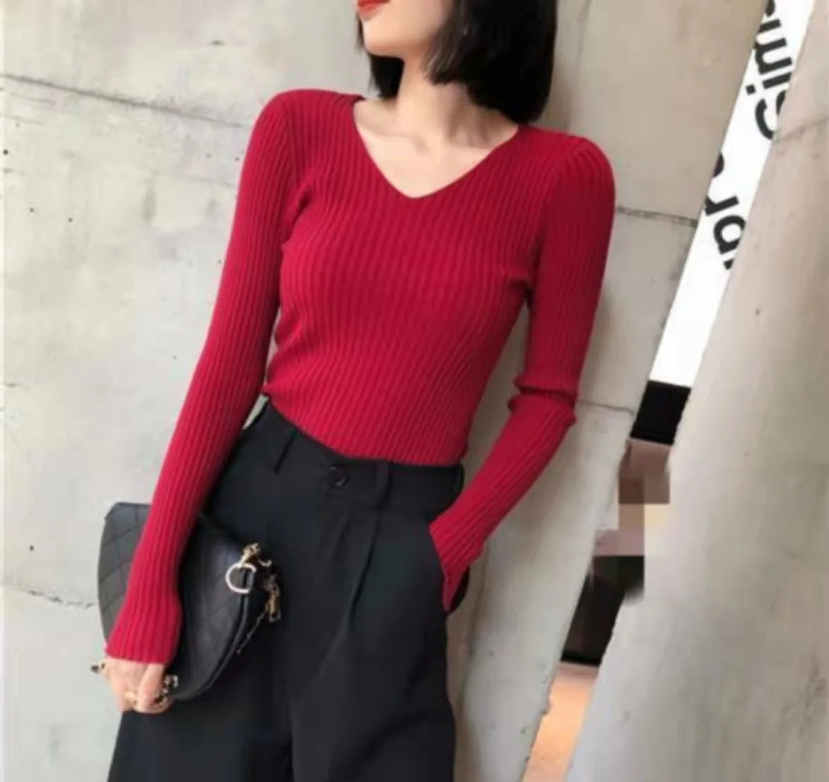 2026 Fashion Casual Long Sleeve Knitted Sweaters Korean Autumn Winter V Neck Sweater Solid Color Slim Pullovers Women Clothes
