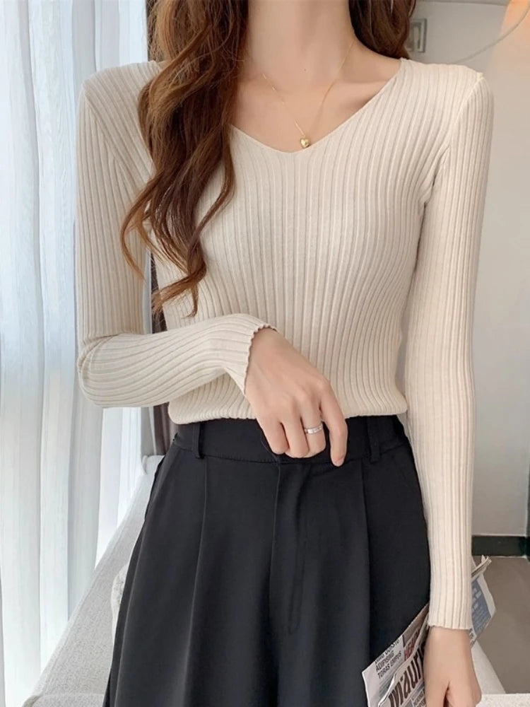 2026 Fashion Casual Long Sleeve Knitted Sweaters Korean Autumn Winter V Neck Sweater Solid Color Slim Pullovers Women Clothes