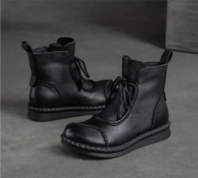 Women's Boots Spring Autumn New Retro Non-Slip Soft Bottom Flat Shoes Comfortable Soft Cowhide Ankle Boots