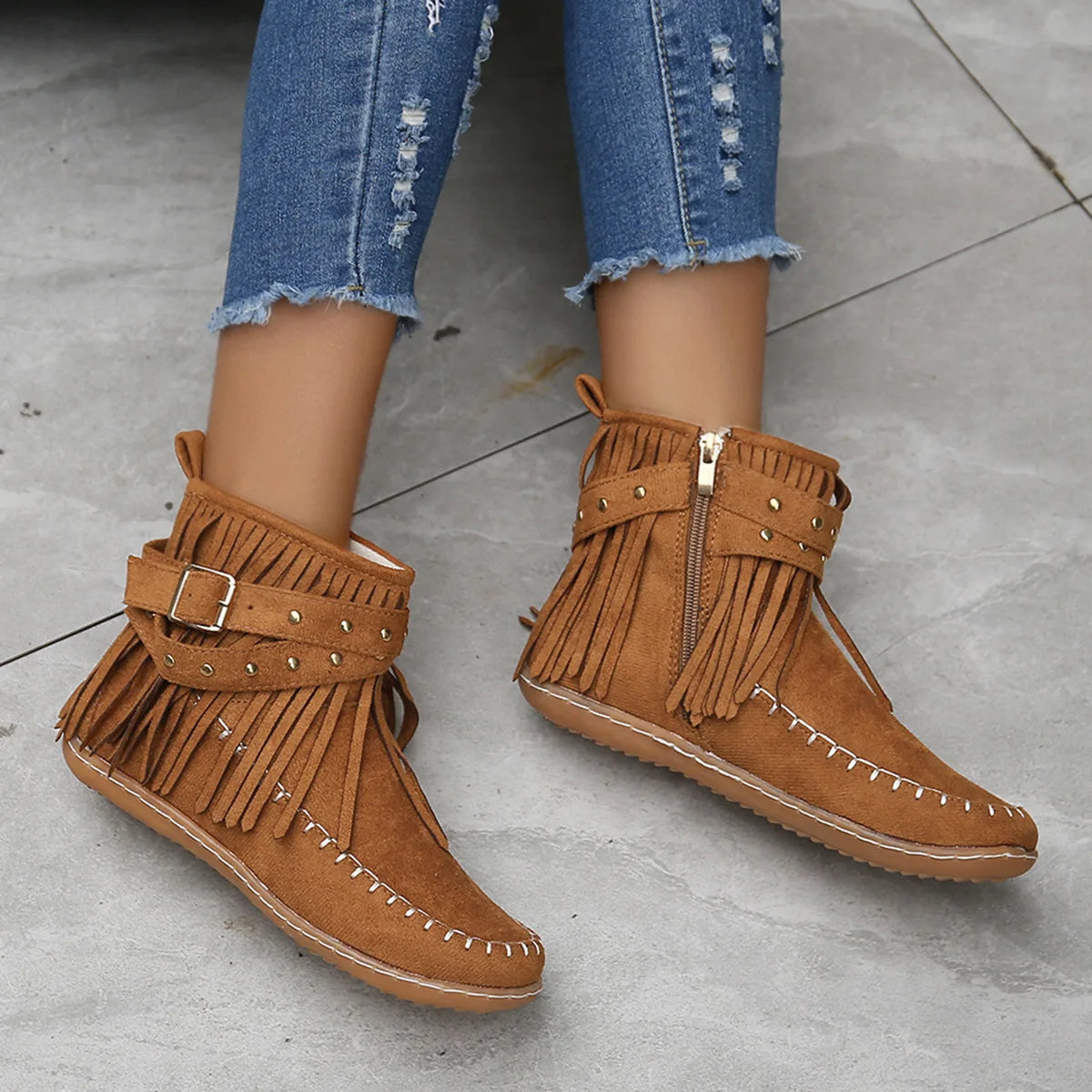 Botines Autumn Women Shoes Flat Heel Ankle Boots Retro Suede Tassel Women Boots Fashion Round Toe Soft Sole Short Boots Casual