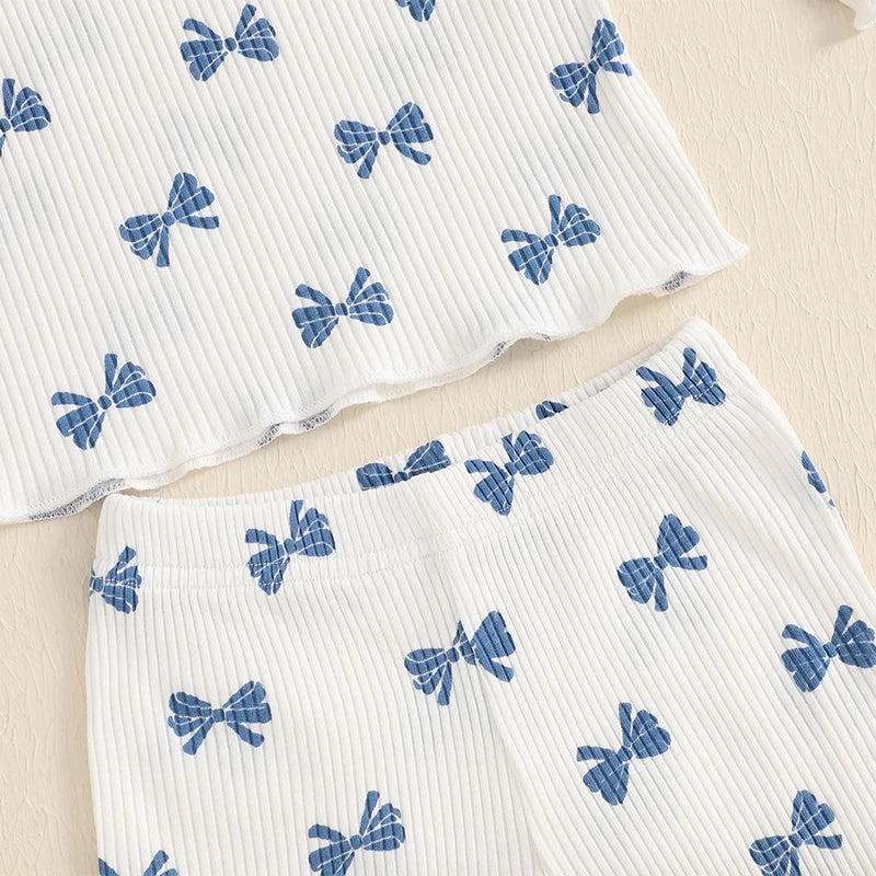 Pudcoco Kid Infant Baby Girls Pants Set, Bow Print Long Sleeve Crew Neck T-shirt with Flare Pants Fall Outfit 6M-4T