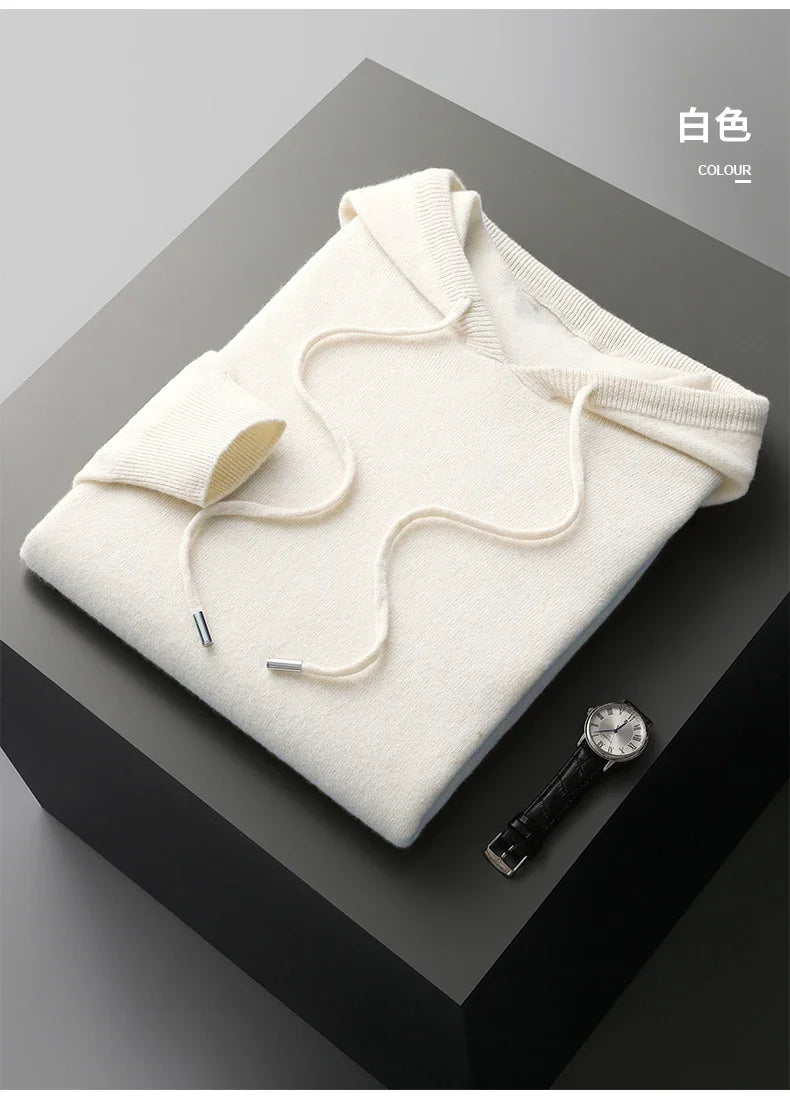 Men's One-piece ready-to-wear Hoodie 100% Merino Wool Knitted Sweatshirt Autumn Winter Casual Large Top Long Sleeved