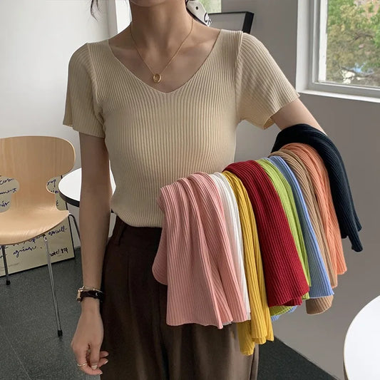 2026 Basic V-neck Solid Thin Summer Women Pullover Female Knitted Ribbed Sweater Slim Short Sleeve Bodycon Sweater