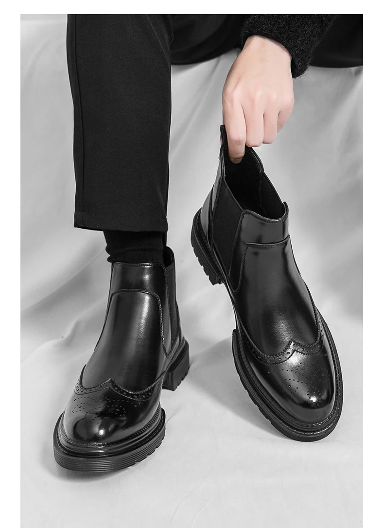 Men's riding boots British-style retro brogue carved high-top leather shoes men's casual leather shoes thick-soled leather boots