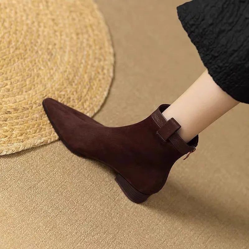 Scrub Ankle Boots Sheepskin Suede Pointed Toe Block Heel Chelsea Booties Fall Winter Suede Western Boots for Women