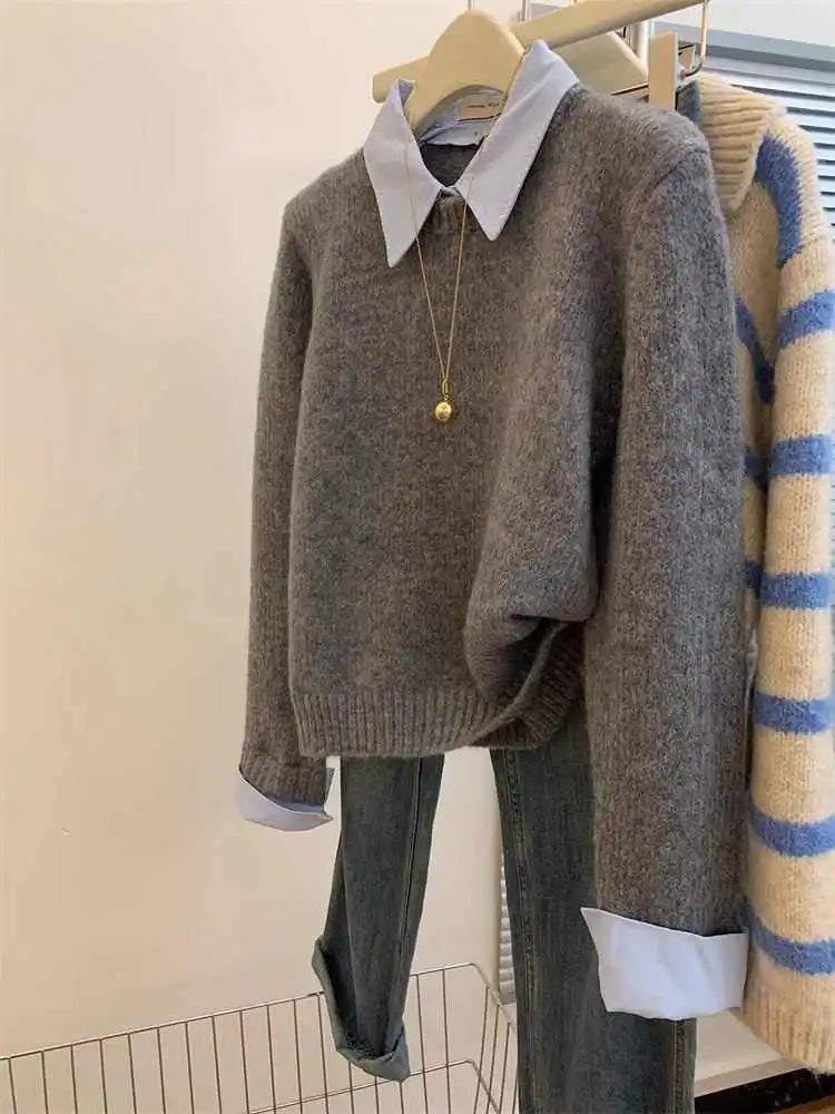 Gray Fake Two-piece Spliced Shirt Collar Sweater 2024 New Autumn/Winter Women's Lazy Style Loose Base Sweater Office Knitted Top