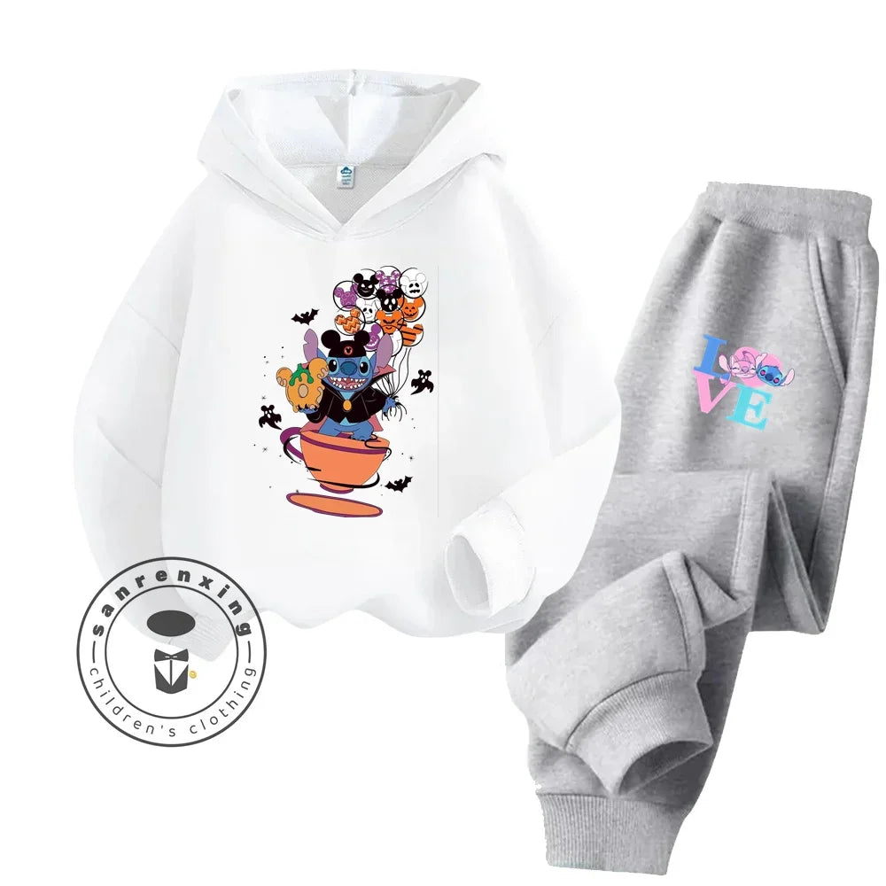 Cartoon Stitch Children Hooded Sweatshirt+Pants Two-piece Set Boy Girl Autumn Winter Daily Outdoor Vacation Warm Soft Sportswear