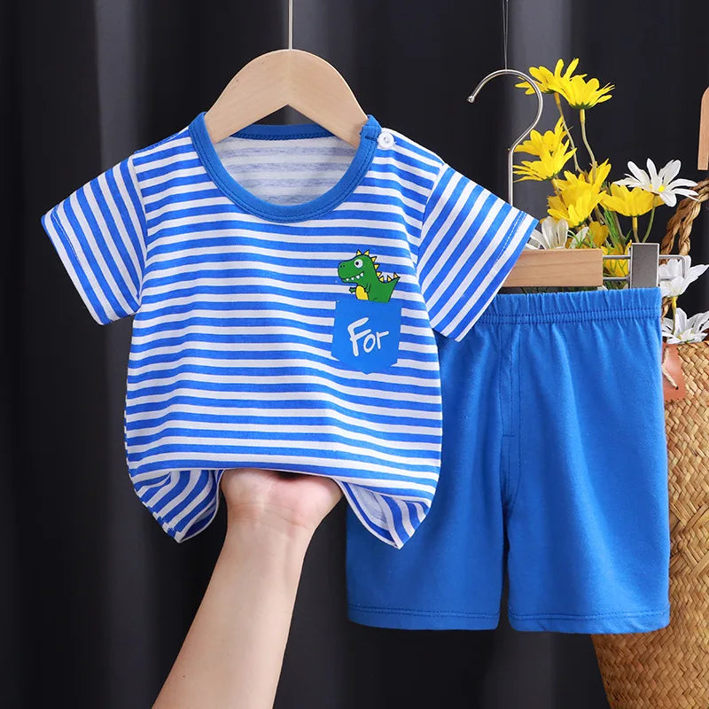 New Boys Summer Clothing Set Full Bear Print Cotton Short Sleeve T-shirts and Shorts 2PCS Breathable Outfit For Girls