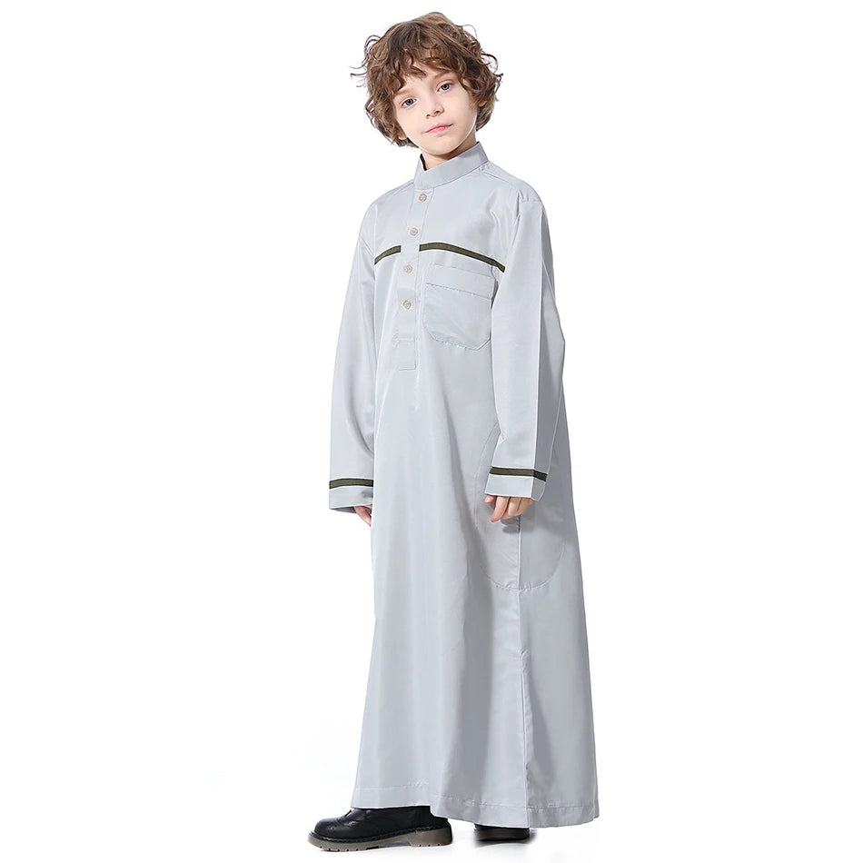 Ramadan Eid Islamic Boys Long Robe Children Traditional Arab Thobe Thawb Caftan Solid Color Long Sleeve Stand Collar with Pocket