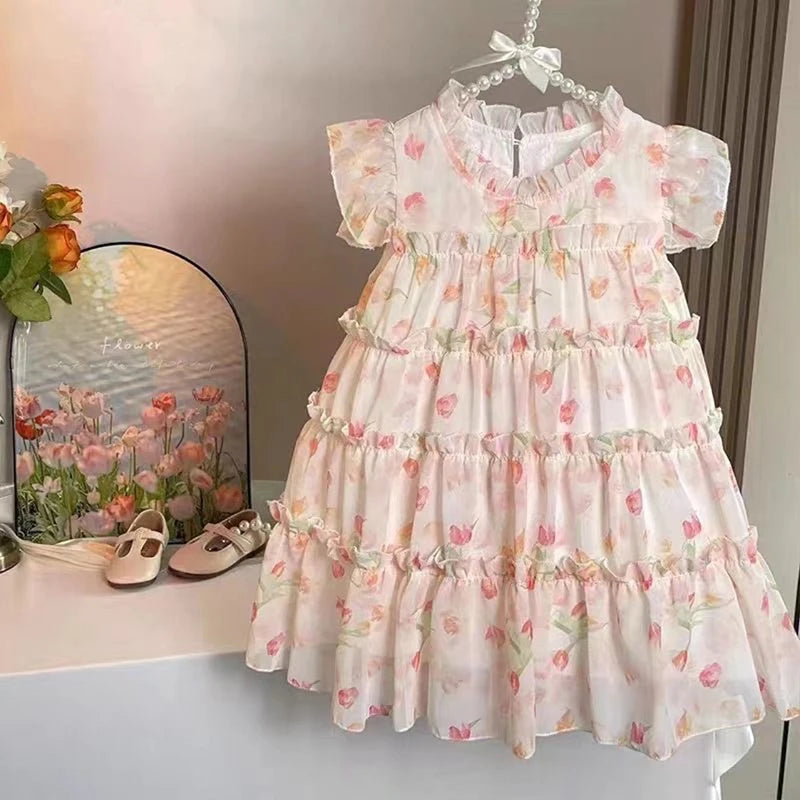 New Girls' Dress Summer Dress 2025 Korean Version Stylish Children's Floral Dress Super Fairy Little Girl Princess Dress